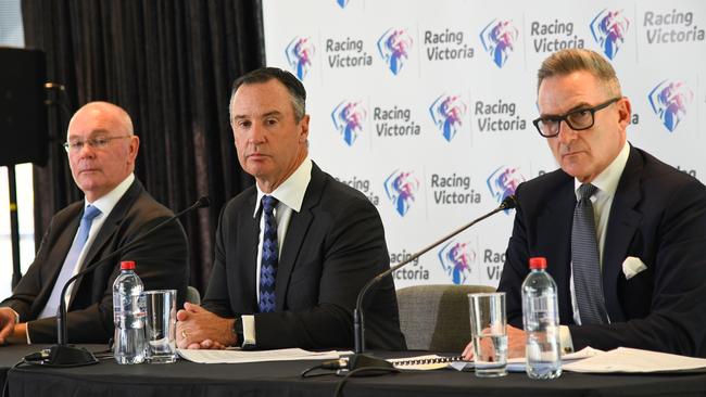 (L-R) Racing Victoria's Executive General Manager Integrity Services, Jamie Stier, Chairman of Racing Victoria, Brian Kruger and VRC Chairman, Neil Wilson at the Racing Victoria review into safety of international horses during the Spring Racing Carnival and the Melbourne Cup. Picture: Vince Caligiuri/Getty Images