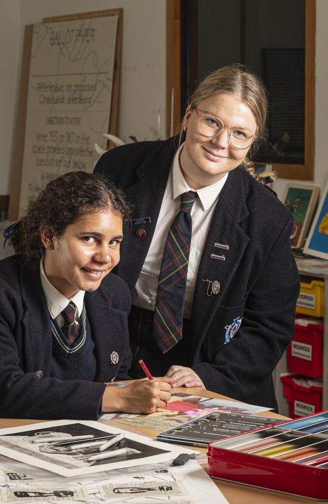 Fairholme College art students Kaylah Daniel-Stafford (left) and Kadence Wilson at work in the college art room. Both students have their work included in the Fairholme Open Art Prize FACETS exhibition, Thursday, May 9, 2024. Picture: Kevin Farmer