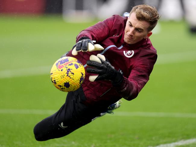 BIRMINGHAM, ENGLAND - FEBRUARY 11: Joe Gauci of Aston Villa warms up prior to the Premier League match between Aston Villa and Manchester United at Villa Park on February 11, 2024 in Birmingham, England. (Photo by Catherine Ivill/Getty Images)