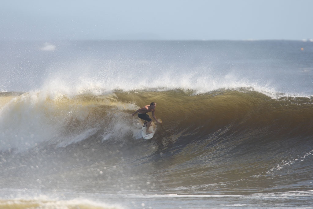 The moves were bigger and the tubes getting longer as the swell from an ex-cyclone sends massive waves onto the Sunshine Coast point breaks. Picture: Nicholas Falconer