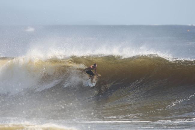 The moves were bigger and the tubes getting longer as the swell from an ex-cyclone sends massive waves onto the Sunshine Coast point breaks. Picture: Nicholas Falconer