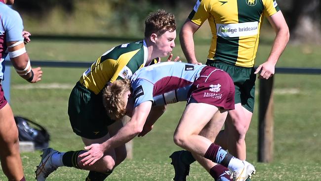 Ryan Heaton fronting up on defence. Club rugby Norths v Wests - colts Saturday July 13, 2024. Picture, John Gass