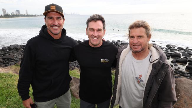 Occy and Taylor Steele and Joel Parkenson at the Surf of Origin at Burleigh Beach. Picture: Annette Dew