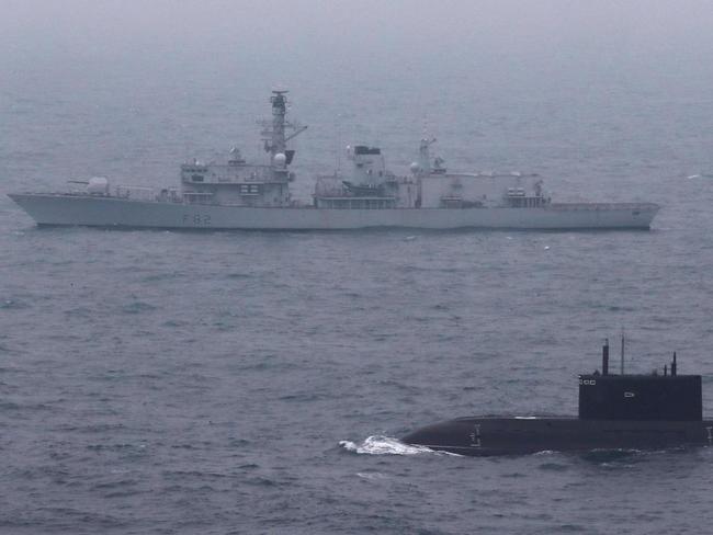 The anti-submarine frigate HMS Somerset keeps company with the modified Kilo-class submarine Krasnodar as it made its way to Syria. NATO was keen to observe the submarine's fighting potential, and may have been given a more surprising demonstration than it expected. Picture: Royal Navy