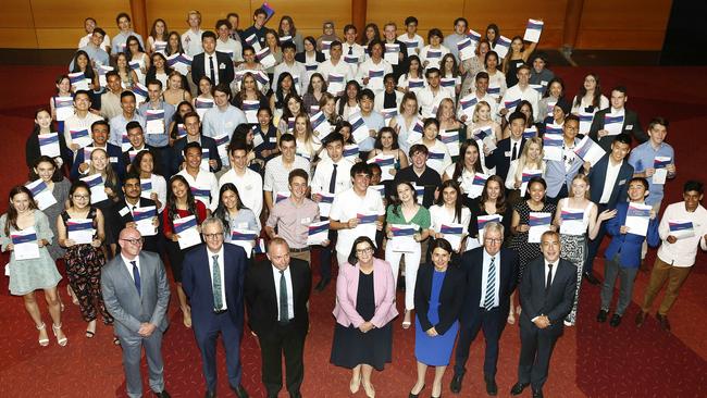 HSC Course First Place achievers with Premier Gladys Berejiklian, Education Minister Sarah Mitchell and Education Department officials after the presentation. Picture: John Appleyard