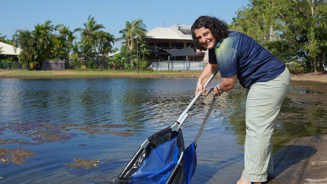 Palmerston mayor Athina Pascoe-Bell casting a net at Durack Lakes  for the Hooked on Palmerston barramundi catch and release competition. Picture: Supplied