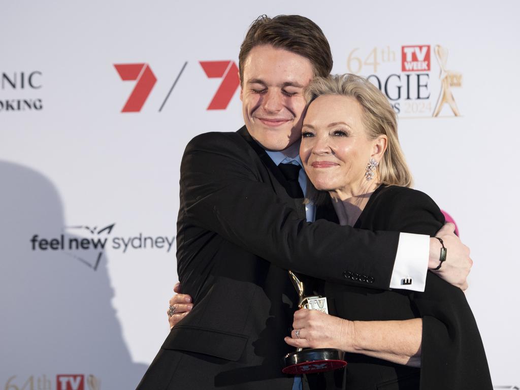 Rebecca Gibney with her son Zac Bell after being inducted into the Hall of Fame. Picture:NewsWire/ Monique Harmer