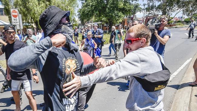 Anti-Islam protesters clash with Rally Against Racism members. Picture: Jason Edwards