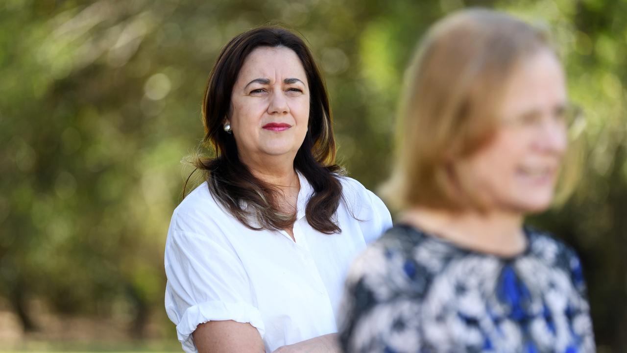 Premier Annastacia Palaszczuk and chief health officer Dr Jeannette Young at Sunday’s Covid press conference. Picture: Dan Peled