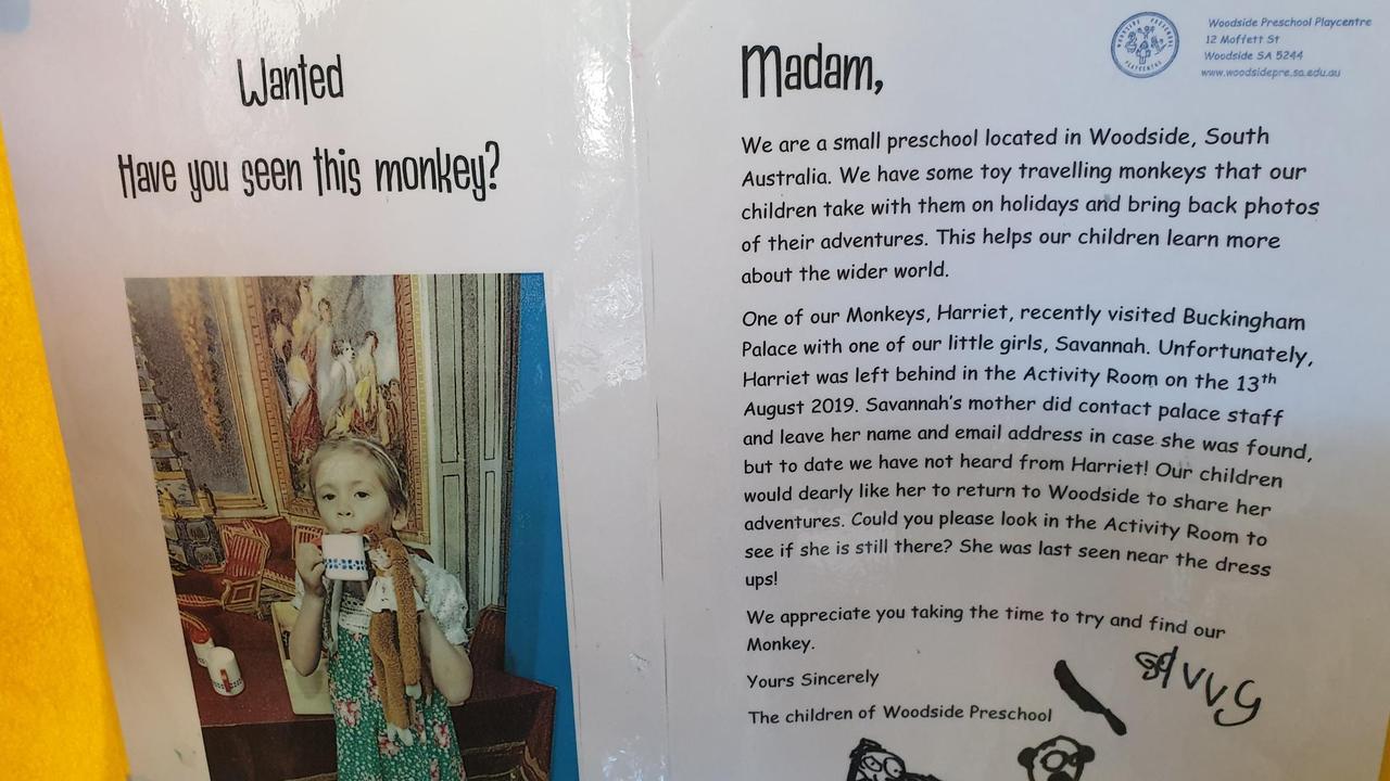 Woodside Preschool's letter to the Queen asking for help to find Harriet the toy monkey. Picture: Woodside Preschool