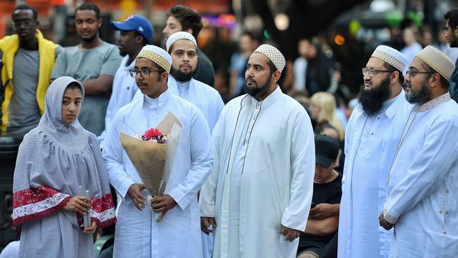 Mourners at the vigil for victims of the Christchurch massacre in front of Melbourne’s State Library. Picture: Jason Edwards