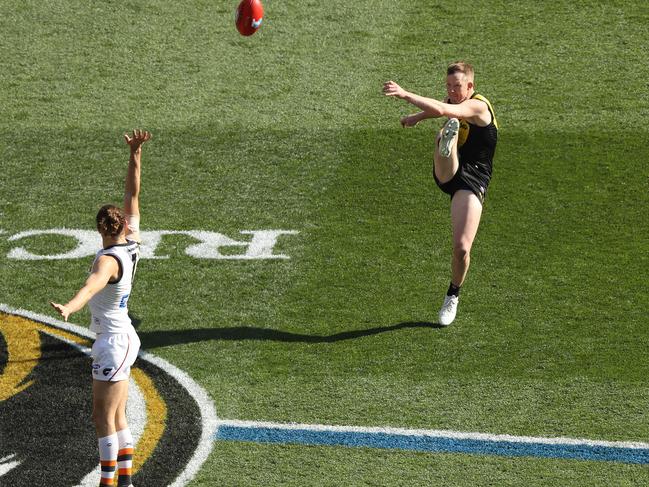 Tigers forward Jack Riewoldt nails a goal from outside 50m. Picture: Getty Images