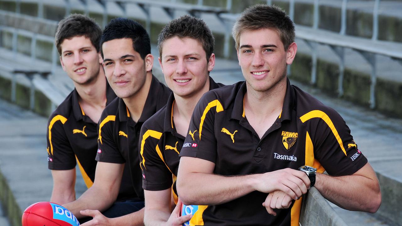 Luke Breust (far left) and Liam Shiels (second from right) with fellow 2008 Hawthorn draftees Shane Savage and Ryan Schoenmakers.