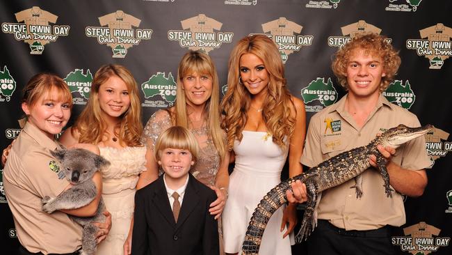 Terri, Bindi and Robert Irwin, with Australia Zoo Wildlife Warriors ambassador Ellie Gonsalves. Picture: Ben Beaden/Australia Zoo