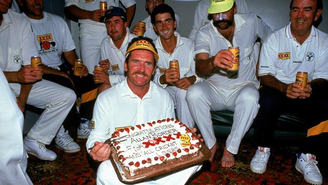 Allan Border of Australia celebrates his world record for the number of test runs during the 1st Test Match between New Zealand and Australia in 1993 in Christchurch, New Zealand. Picture: Getty Images