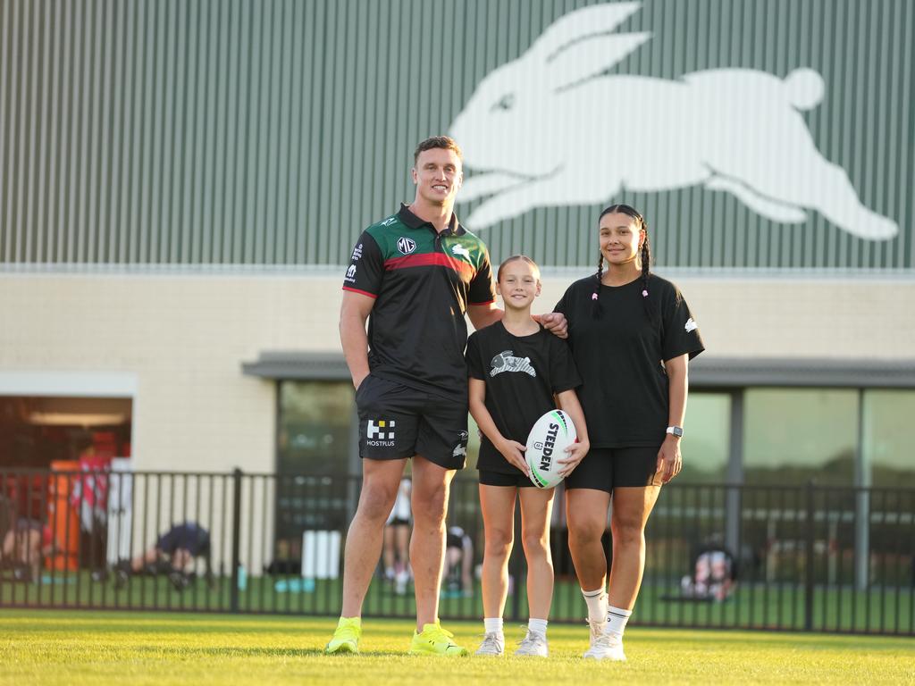 Rabbitohs star Jack Wighton with daughter Aaliyah and wife Mon. Credit: Supplied.