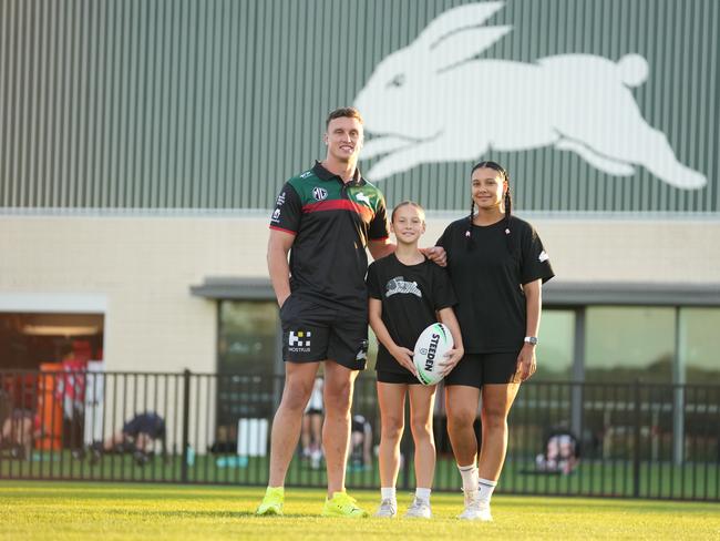 Rabbitohs star Jack Wighton with daughter Aaliyah and wife Mon. Credit: Supplied.