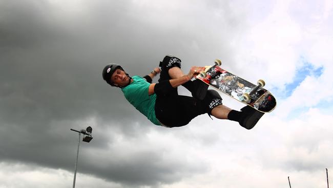 American skateboard rider Tony Hawk demonstrates his skills at Homebush.