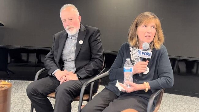 The parents of detained Wall Street Journal journalist Evan Gershkovich, Mikhail and Ella Milman, speaking in Washington. Picture: Sophie Elsworth