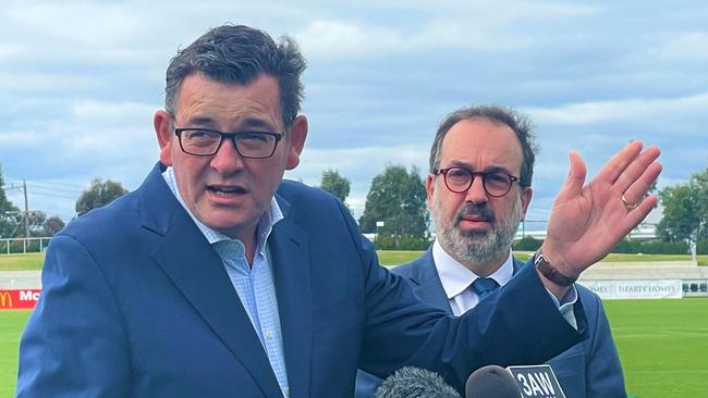 Premier Daniel Andrews and former Tourism Minister Martin Pakula at Mars Stadium, Ballarat announcing Victoria’s successful bid for the 2026 Commonwealth Games.