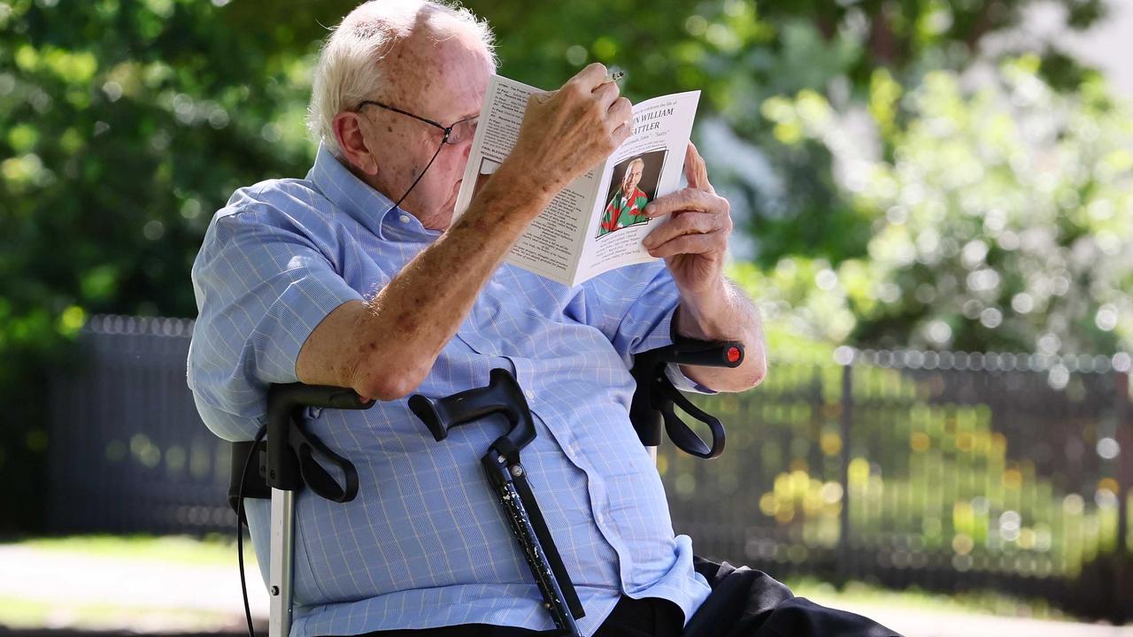 A friend during the funeral for Souths legend John Sattler on the Gold Coast. Picture: NCA NewsWire/Tertius Pickard