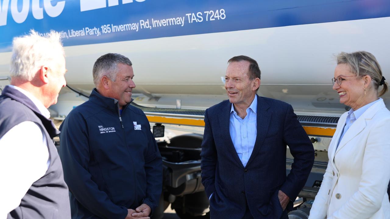 Liberals Richard Colbeck, Mal Hingston, Tony Abbott and Sussan Ley on the campaign trail in Tasmania on Wednesday, April 30, 2025.
