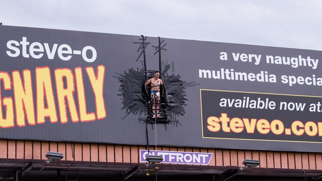 Steve-O revealed he had been taped to the billboard for at least an hour-and-a-half. Picture: Getty Images.