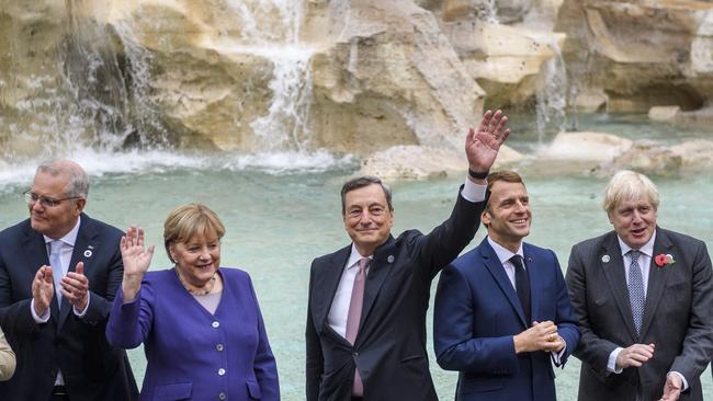 Prime Minister of Australia Scott Morrison, German chancellor Angela Merkel, Italian Prime Minister Mario Draghi, French president Emmanuel Macron, British Prime Minister Boris Johnson visit the Trevi fountain.