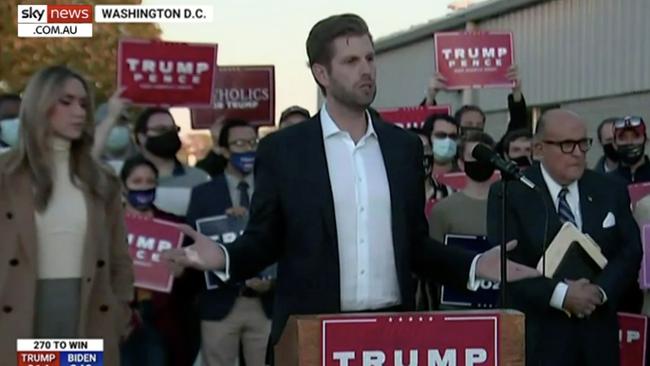 Eric Trump speaks in Philadelphia calling that voting has been fraudulent. Picture: Sky News