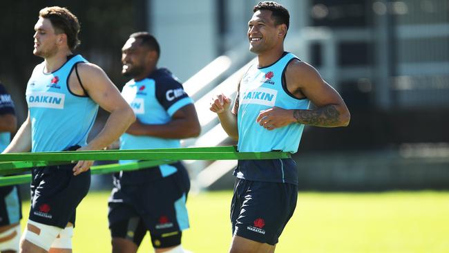 Israel Folau, training with the Waratahs in Sydney yesterday, will return at fullback tomorrow after a month on the sidelines injured. Picture: Phil Hillyard