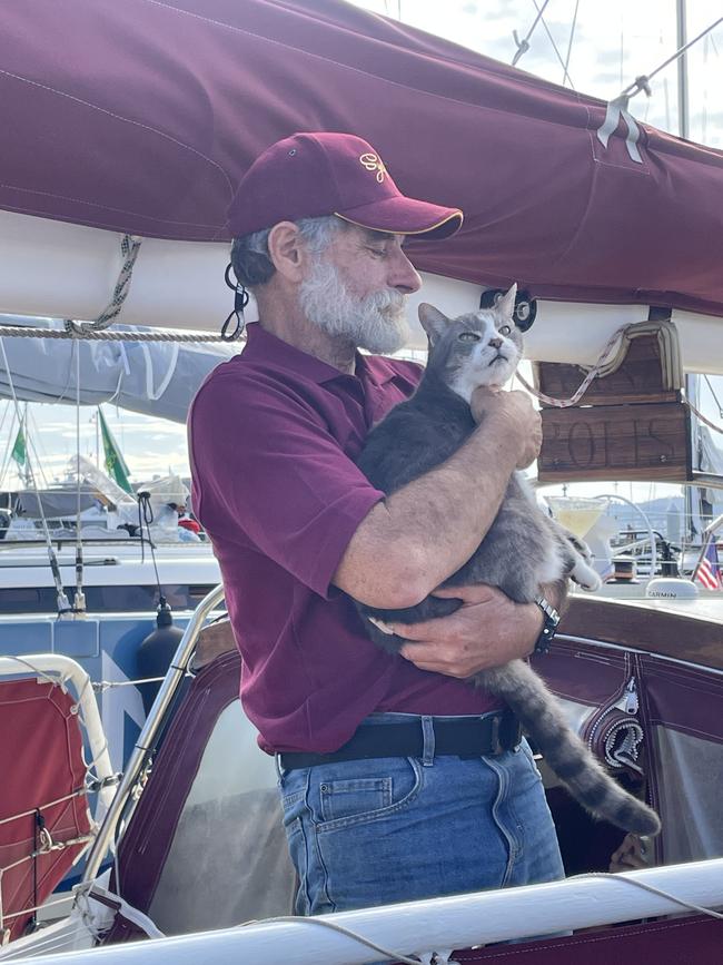 Ten-year-old cat Oli reaches the finish line of the Sydney to Hobart with the crew of Sylph VI. Picture: Genevieve Holding
