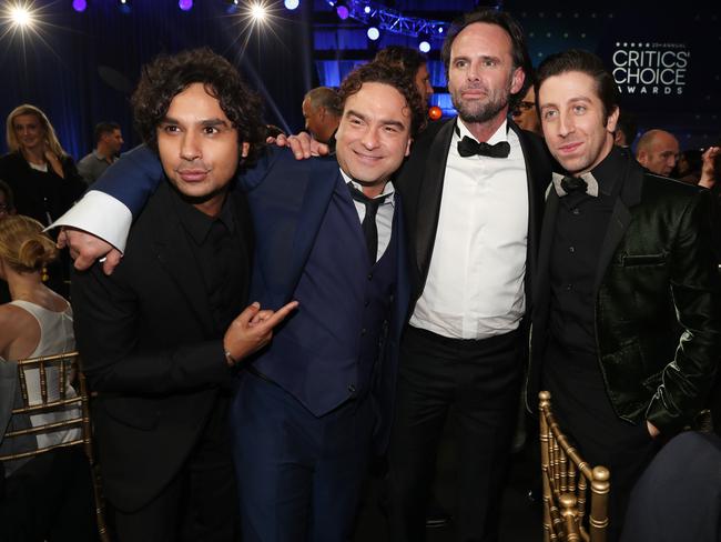 Kunal Nayyar, Johnny Galecki, Walton Goggins and Simon Helberg attend The 23rd Annual Critics’ Choice Awards at Barker Hangar on January 11, 2018 in Santa Monica, California. Picture: Getty