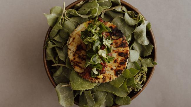 Crocodile fat tortilla, tentacles and saltbush at Restaurant Botanic. Picture: Supplied