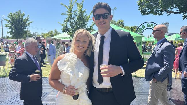 Ame Moore and Brodie Hollins enjoying the Melbourne Cup. Picture: Oscar Jaeger