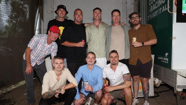 Ben Fraser, Frank Mundy, Trent Talty, Ben Barton, Tom Burnside, Mitch Plummer, Greg Barton and Cohen Stone attend the Mansfield Cup races. Picture: Brendan Beckett