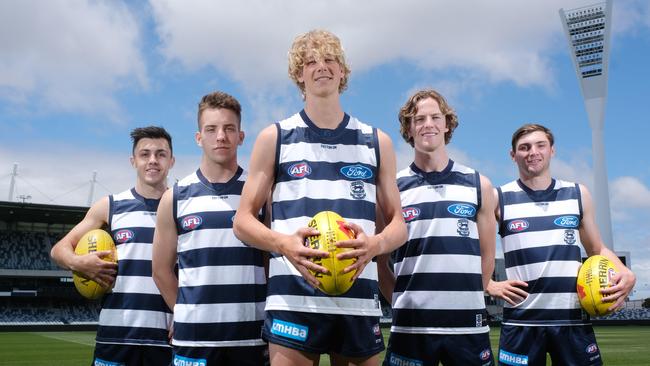 Geelong’s 2019 draft class: Brad Close, Francis Evans, Sam De Koning, Cooper Stephens and Cam Taheny. Picture: Mark Wilson