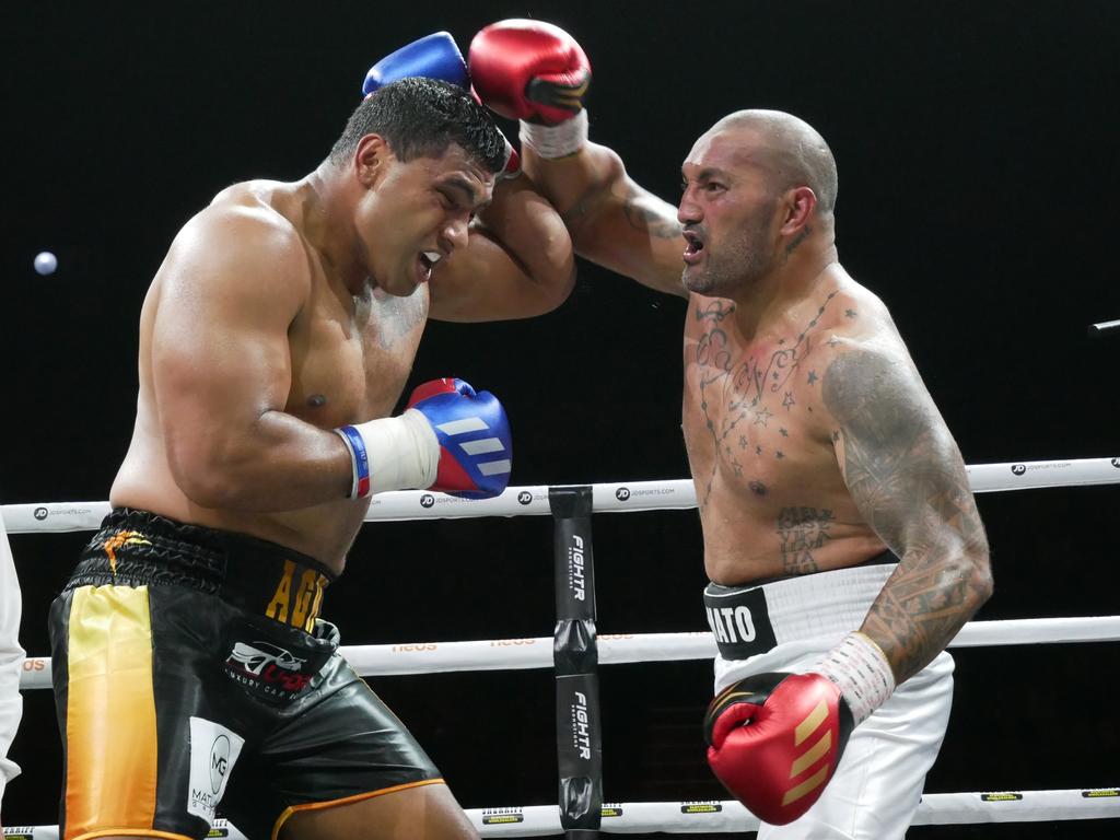 Tevita Pangai Jr Jnr defeats Frank Amato by majority decision (57-57, 58-56, 59-56) at the Battle of the Reef fight night at the Townsville Entertainment and Convention centre, October 7 2023. Picture: Blair Jackson.