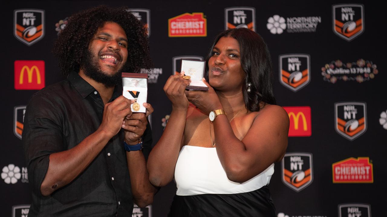 Caleb Niki and Ellie Niki at the 2023 NRL NT Frank Johnson / Gaynor Maggs medal night. Picture: Pema Tamang Pakhrin