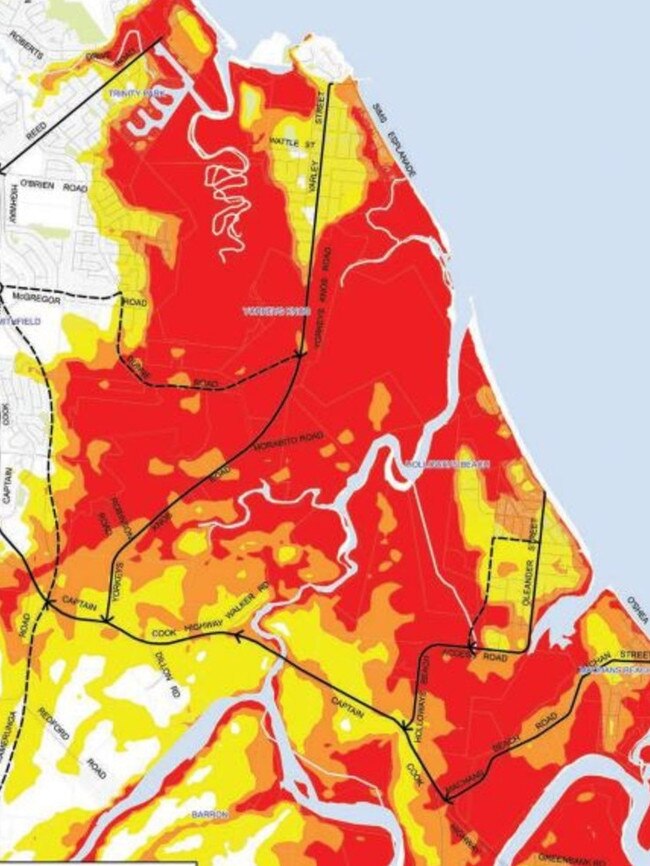 Residents living in red zone suburbs such as Machans Beach to Trinity Park are urged to prepare in case of immediate evacuation. Picture: Cairns Regional Council storm tide evacuation plan.