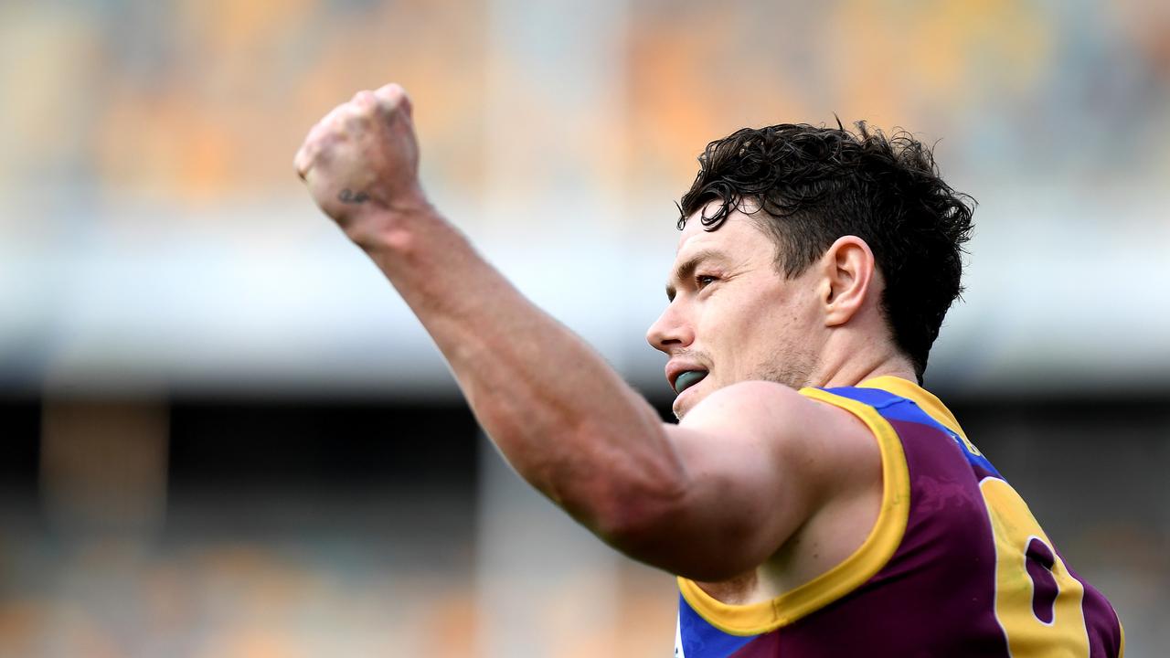 Lachie Neale celebrates kicking a goal against Fremantle at The Gabba. Picture: Bradley Kanaris/Getty Images