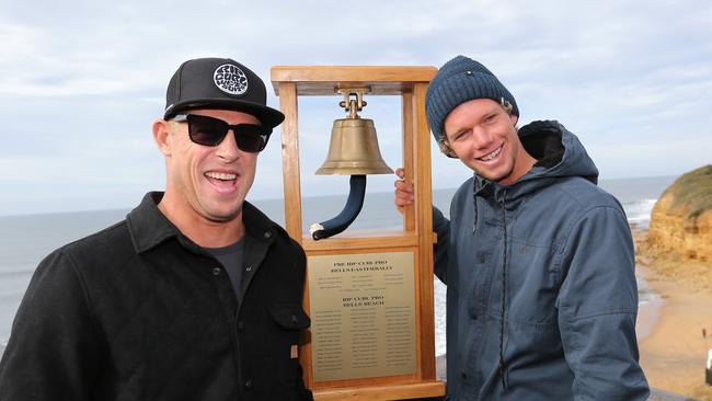 Mick Fanning and Reigning World Champion John John Florence at Bells Beach. Picture: Mike Dugdale