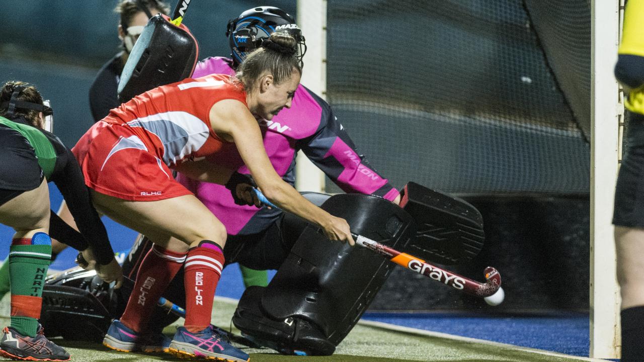 Amber Suey scores for Red Lion against Norths in A1 womens hockey at Clyde Park, Friday, May 14, 2021. Picture: Kevin Farmer