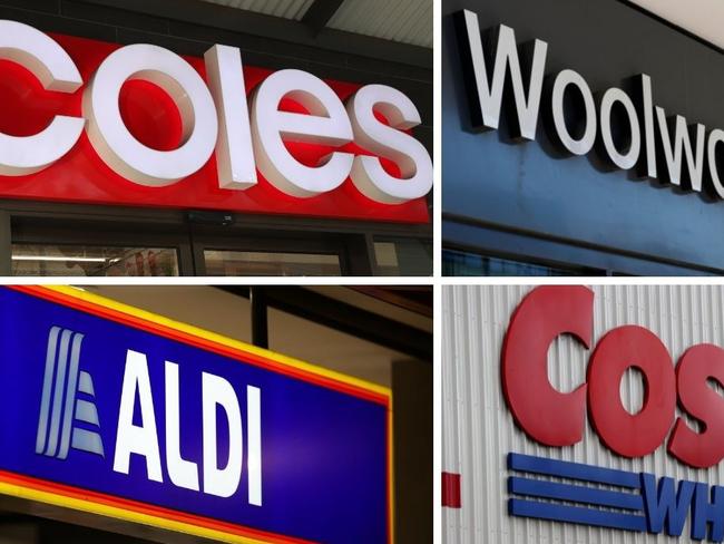 Coles, Woolworths, Aldi, Costco composite. Picture: NCA Newswire