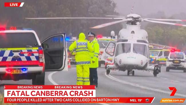 Four people have died in a head-on, two-ute crash on the Barton Hwy north of Canberra. Picture: 7 NEWS