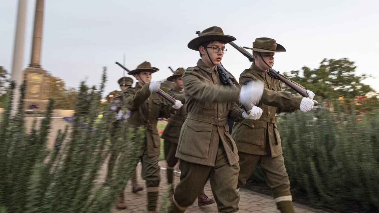 The catafalque party members of the Toowoomba Grammar School Honour Guard leave the Mothers' Memorial after Toowoomba's Anzac Day Dawn Service, Thursday, April 25, 2024. Picture: Kevin Farmer