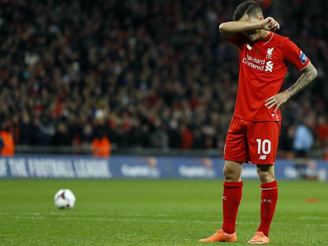 Liverpool’s Philippe Coutinho reacts.