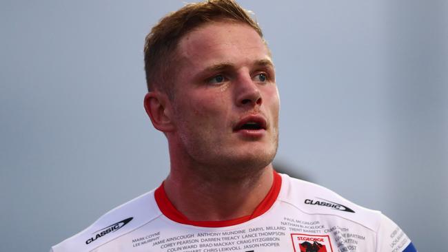 MUDGEE, AUSTRALIA - FEBRUARY 26: George Burgess of the Dragons in action during the Charity Shield NRL Trial Match between the South Sydney Rabbitohs and St George Illawarra Dragons at Glen Willow Sporting Complex on February 26, 2022 in Mudgee, Australia. (Photo by Mark Metcalfe/Getty Images)