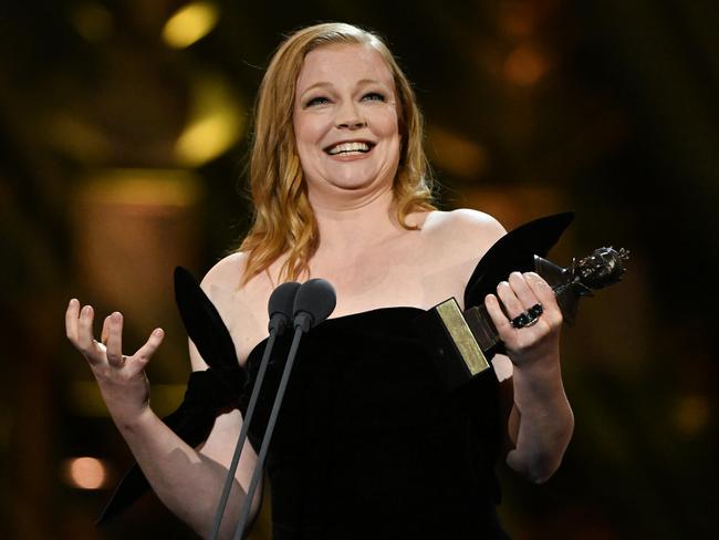 LONDON, ENGLAND - APRIL 14: Sarah Snook with the Best Actress award on stage during The Olivier Awards 2024 at The Royal Albert Hall on April 14, 2024 in London, England.  (Photo by Jeff Spicer/Getty Images For SOLT)