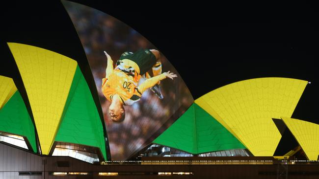 Lights displaying Sam Kerr are projected on the Sydney Opera House ahead of the announcement. Picture: Getty Images.