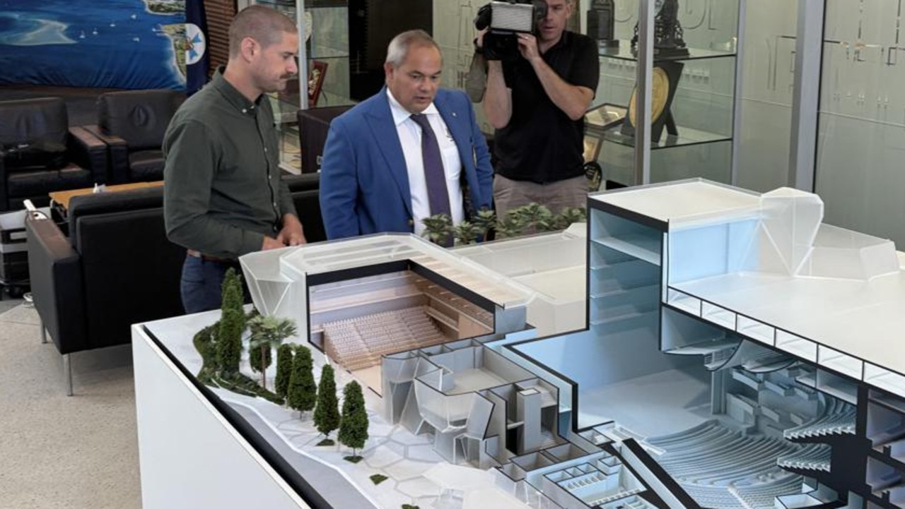 Gold Coast Mayor Tom Tate with a model of the proposed Lyric Theatre.